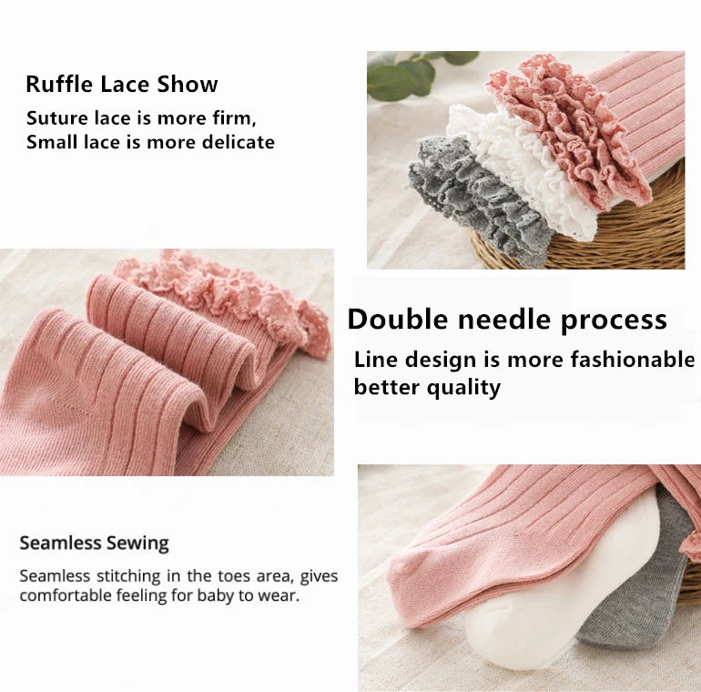 Girls Knee High Socks Baby Kids Toddlers Ruffle Long Soft Cotton Sock Lace Flower Children School Socks