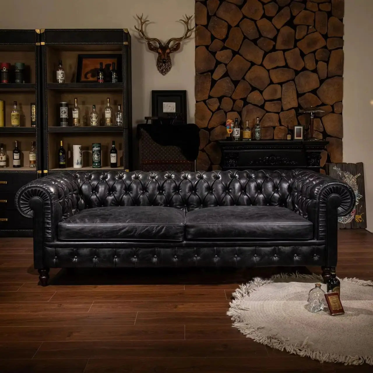 American classic tufted sofa, vintage cigar bar whiskey straight row sofa, oil wax leather café sofa