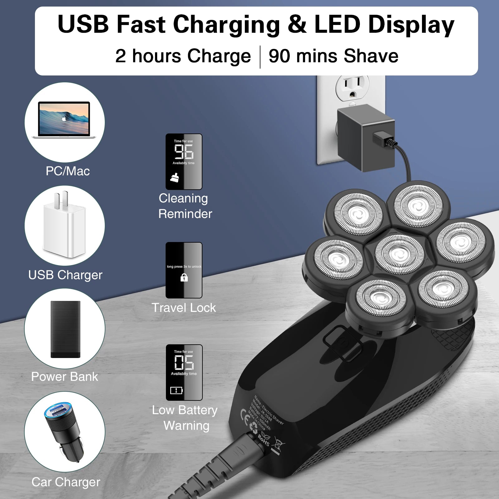 Kensen S8 Electric Head Shavers for Men 7D Floating Cutter Rechargeable IPX6 Waterproof Beard Trimmer Bald Head Shaving Machine