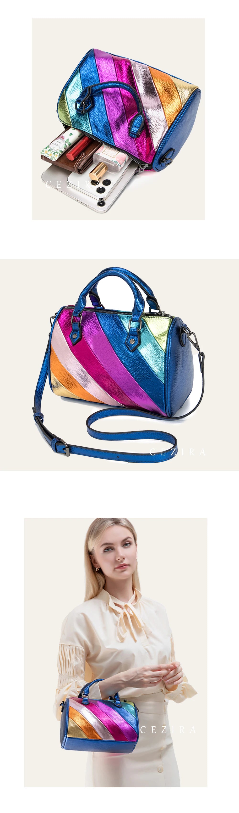 CEZIRA Luxury Metallic PU Vegan Leather Boston Bag Women Fashion Colorful Stripes Patchwork Top-handle Purse Crossbody Handbags