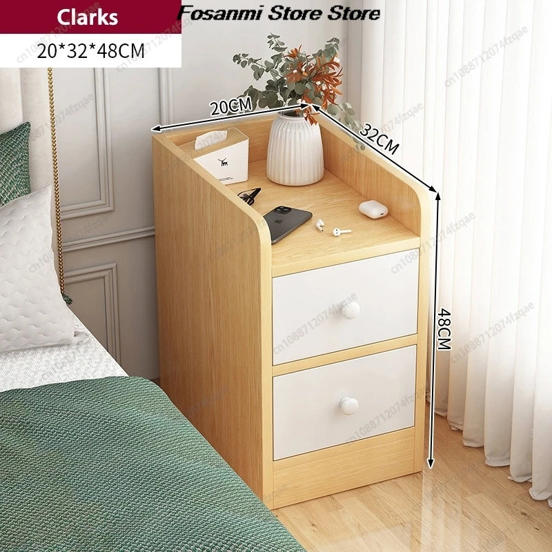 Minimalist Ultra Slim Nightstand Modern Narrow Bedside Table with Open Shelf and Drawers Space Saving Storage for Small Bedroom