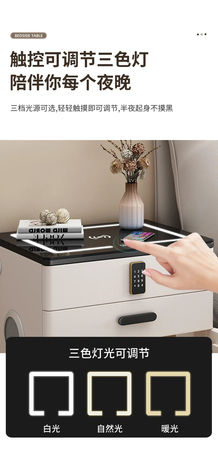 Safe Luxury Bedside Table With Lock Secret Compartment Glamour Metal Nightstands Designer Multifunctional Criado Mudo Furnitures