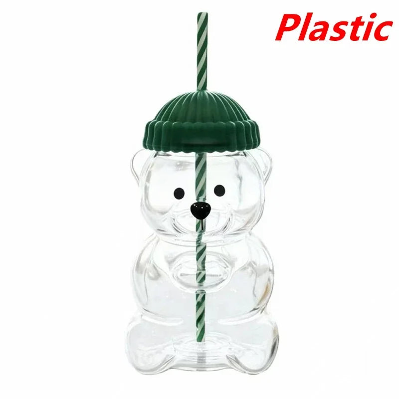 2025New On Sale Bear Shape Plastic Or Glass Cup With Straw Coffee Mug Cute Cartoon Creative Glass Juice Cup Tea Cup Drinkware