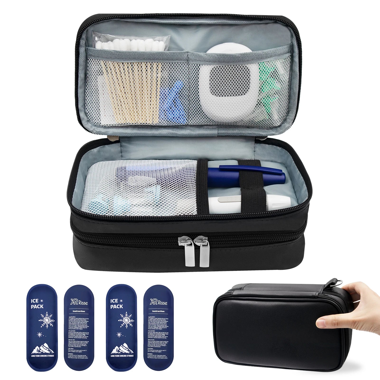 Insulin Bag for Diabetics - Pu Leather Double Layer Case for Insulin Pens, Test Kits, Travel Medical Organizer with Handle