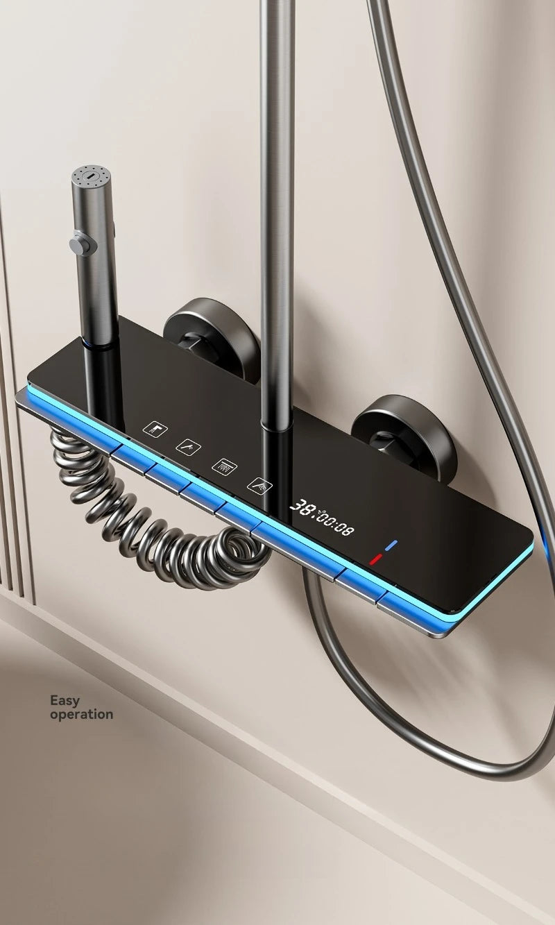Grey Shower System with Ambient Light Intelligent Digital Shower Faucet Set Temperature Display Rainlfall Bathroom Shower Set