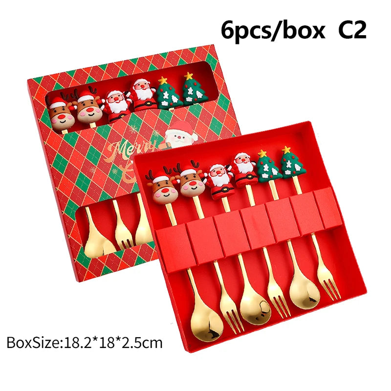 2/4/6Pcs Christmas Fork And Spoon Set,Stainless Steel Creative Tableware,Coffee Tea Dessert Forks And Spoons Gift Set