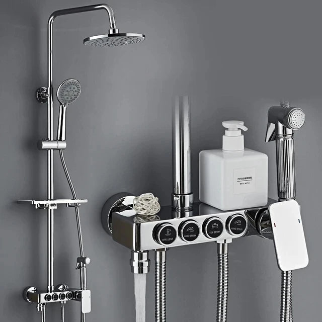 KEMAIDI Black Gold Shower Faucet Set Bathtub  4-way Mixer  Tap with Bidet and Shelf  Bathroom Rainfall Shower Systerm Wall Mount