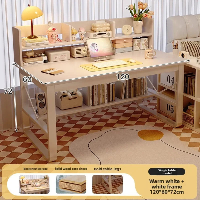 Solid Wood Computer Desk Household Desk Bookshelf Integrated Student Learning Desk Rental House Simple Office Table and Chair