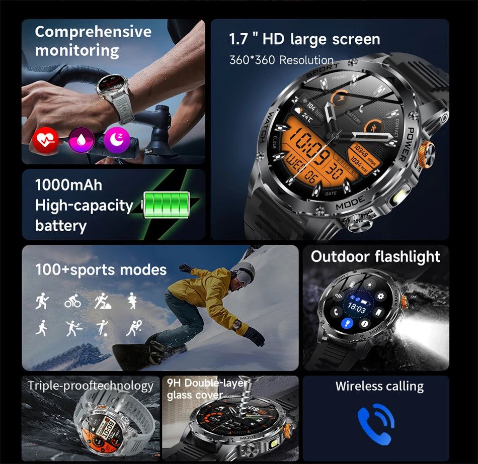 LIGE 2025 New For HUAWEI Xiaomi 1000mah AMOLED Smart Watch Men Sports Fitness LED Flashlight 3ATM Waterproof BT Call Smartwatch