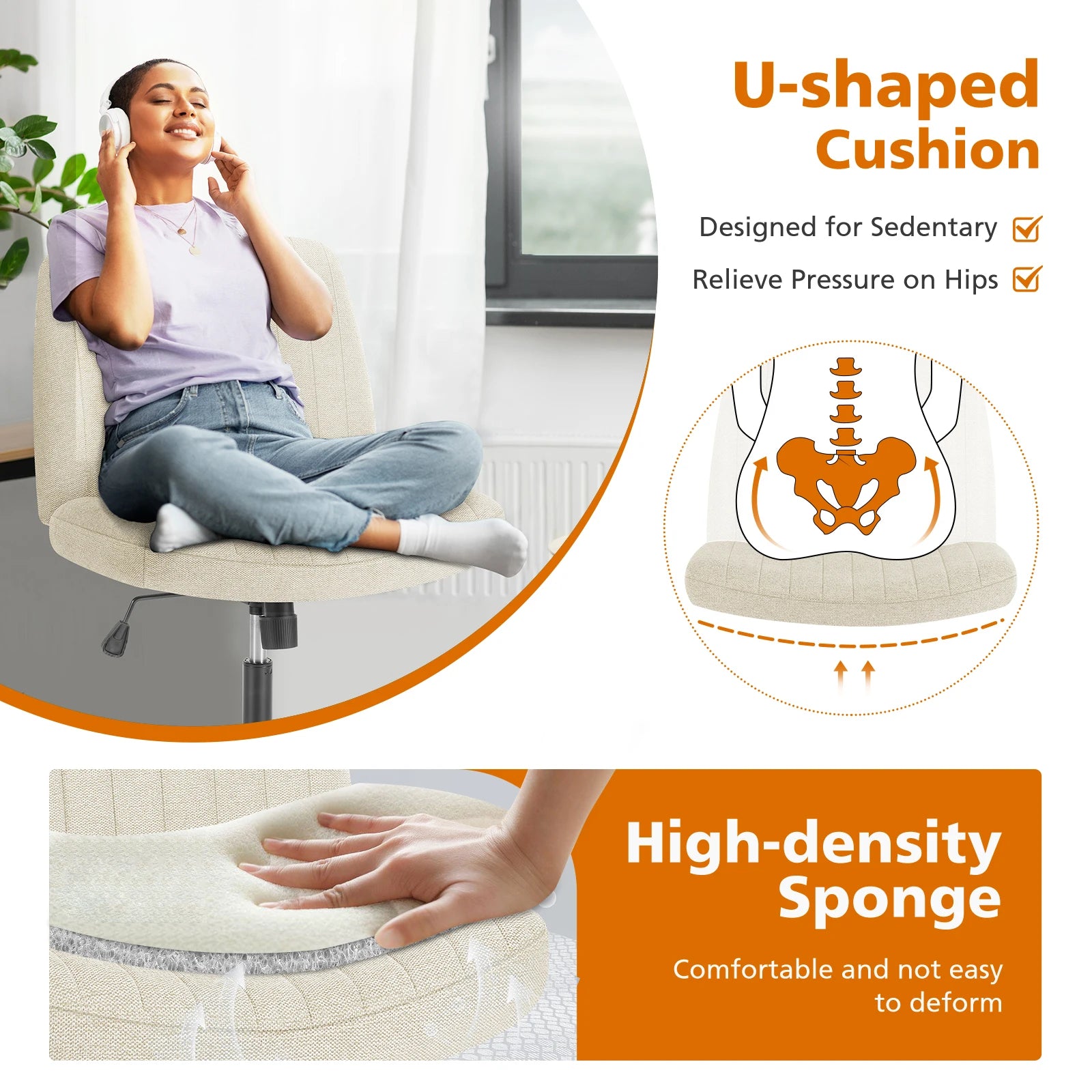 Armless Office Chair Adjustable Swivel Rocking Gaming Cross Legged Wide Desk Fabric