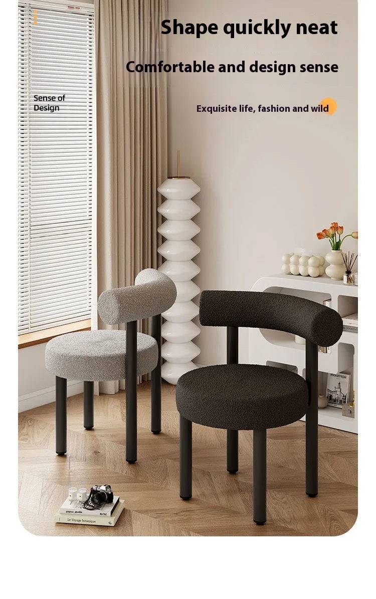 Cloud Vanity Stool Plush Lambwool Round Silhouette, Bedroom Makeup Chair with Designer Cloud Aesthetic Ergonomic Lumbar Support