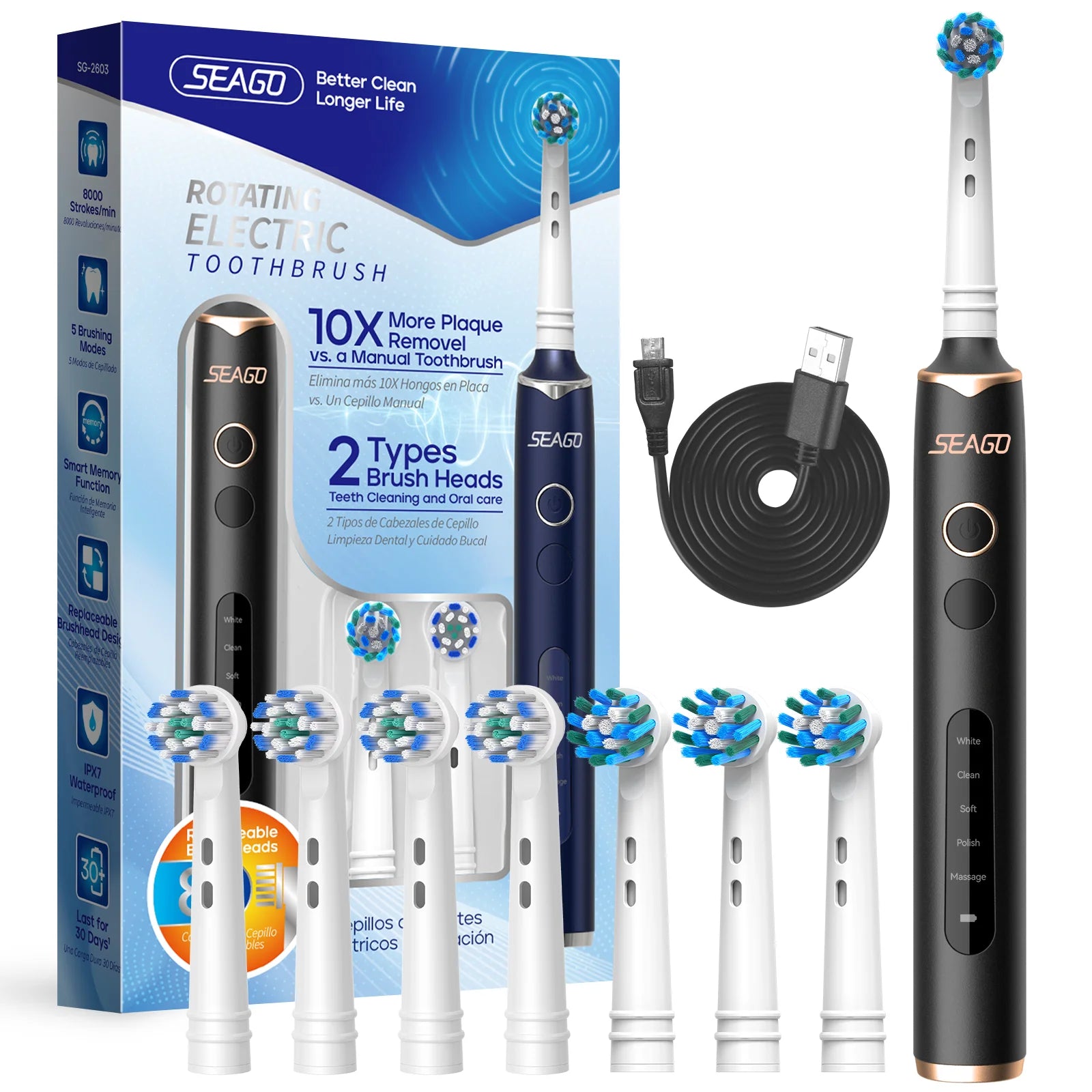 Seago Rotating Electric Rechargeable Toothbrush Teeth Cleaning with 8 Brush Toothbrush Heads 5 Modes Portable Smart Timer