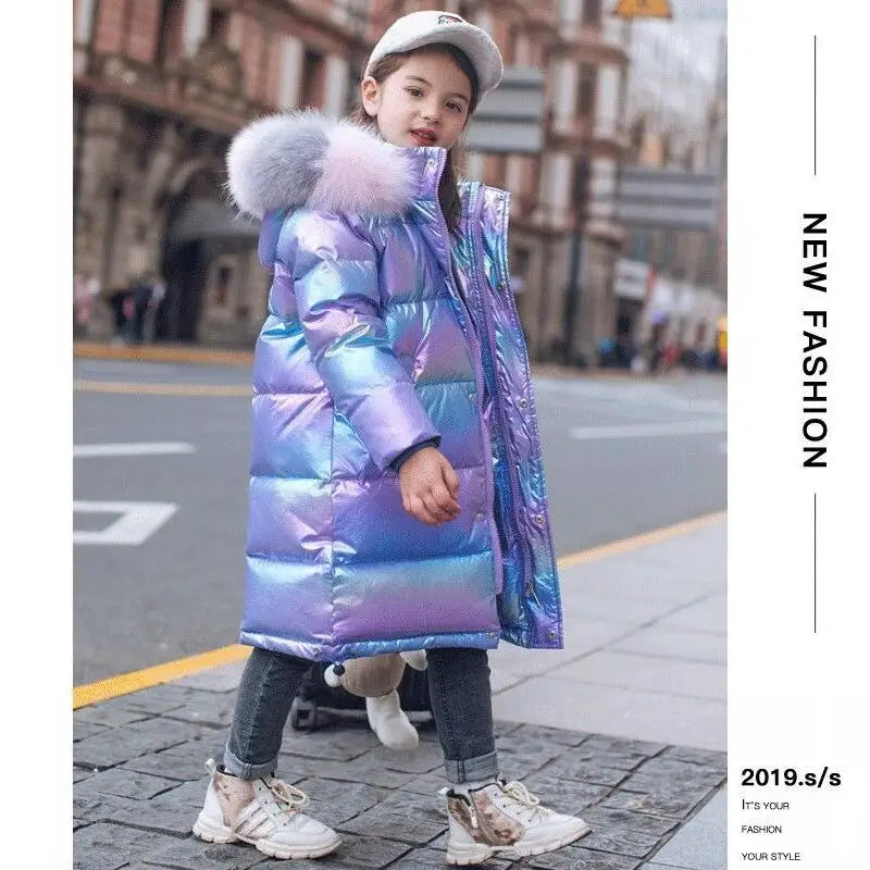 5-14 Years Old Winter Boys Girls Jacket Long Style Hooded Fur Collar Colorful Heavy Coat For Kids Children Outerwear