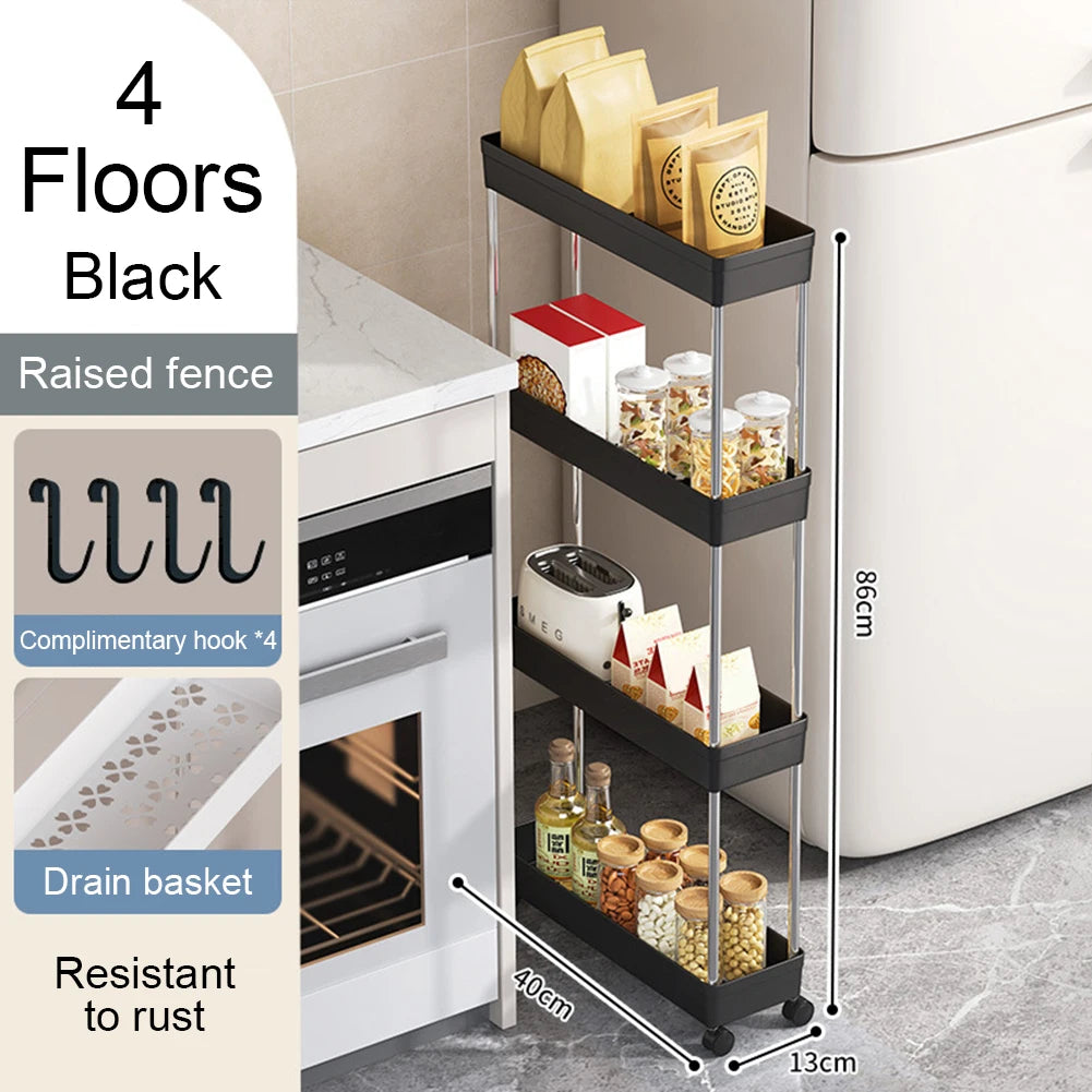 3/4 Tier Movable Gap Storage Rack Rolling Utility Cart Storage Shelf Kitchen Bathroom Slim Slide Organizer Shelf Livingroom