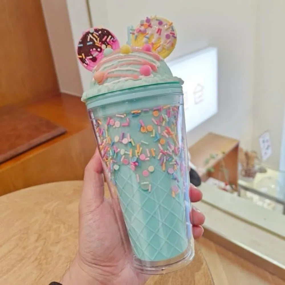 450ml Cute Straw Cup,Ice Cream Lids for Stanley Tumbler,Reusable Plastic Cups,Summer Drinkware Cold Brew,Girl Water Bottle Gift
