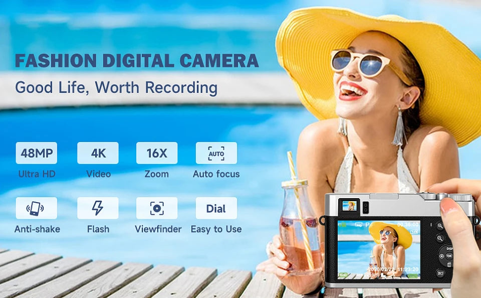 4K Digital Camera Auto Focus 48MP Vlogging Camera for YouTube and Anti-Shake Video Camera with Viewfinder Flash & Dial 16X Zoom
