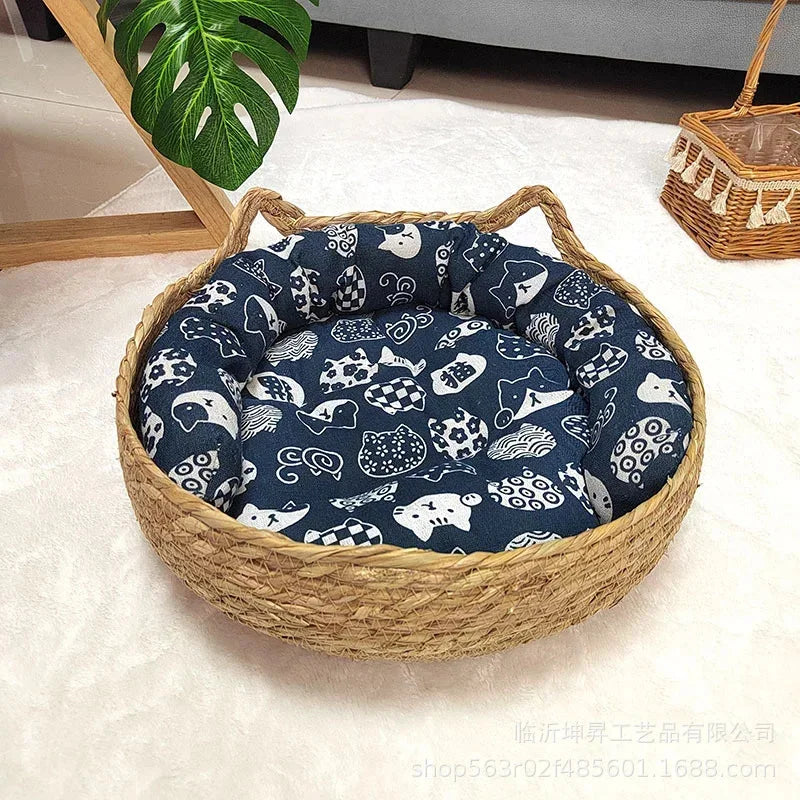 Rattan Weaving Cat Basket Bed With Soft Cushion Round Donut Design Cozy Warm Comfortable Sleeping Nest For Cats And Dogs