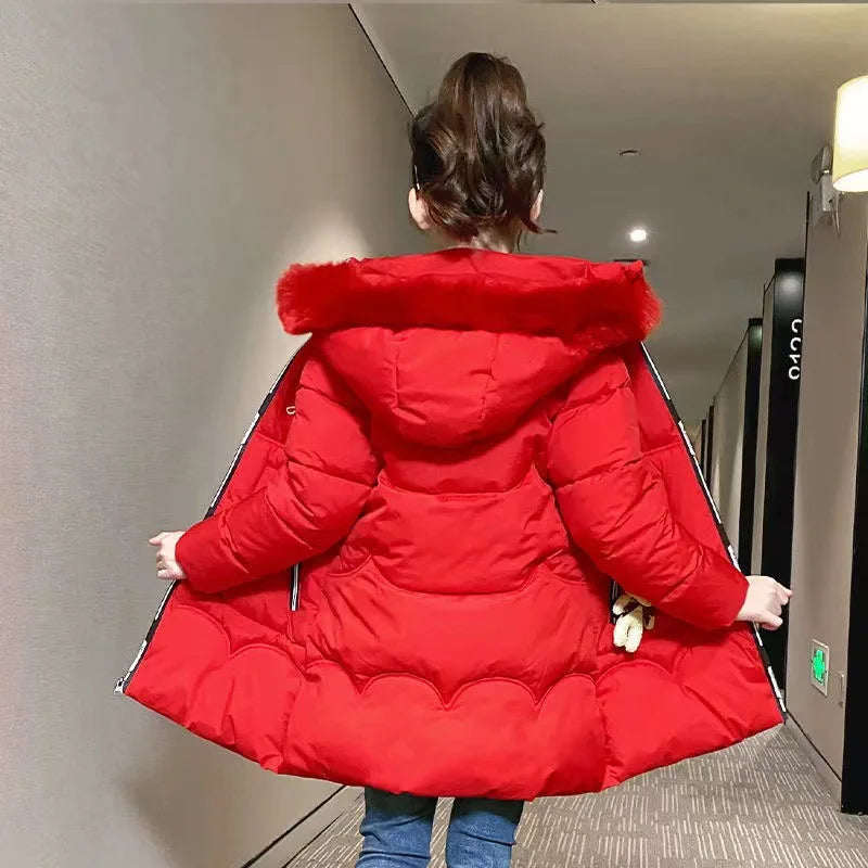 5-14 Years Old Winter Boys Girls Jacket Long Style Hooded Fur Collar Colorful Heavy Coat For Kids Children Outerwear