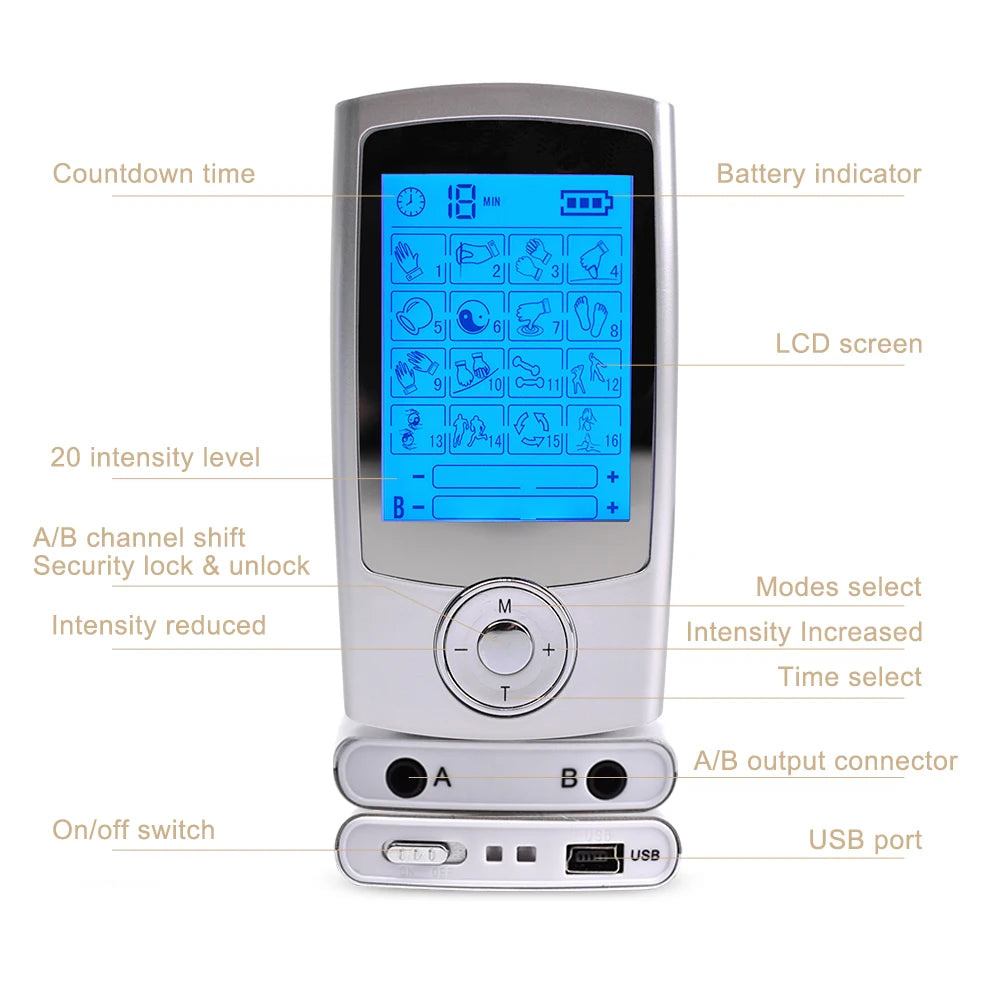 TENS Machine EMS Muscle Stimulator USB Charging for Pain Relief Treatment Using 16 Mode Dual Channel Electronic Pulse Massager