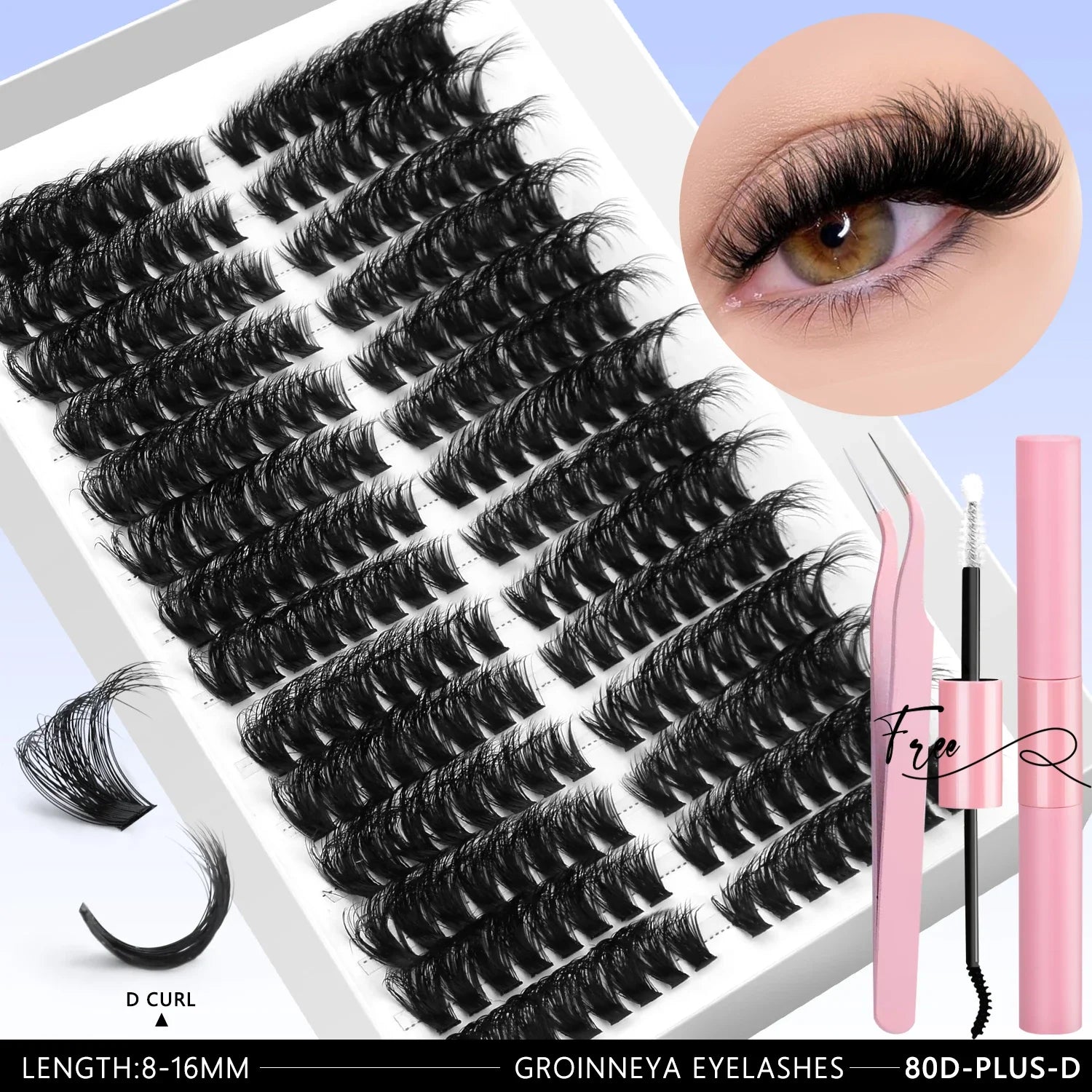 GROINNEYA DIY Eyelashes Lashes Clusters Kit Mix Wispy Individual Lashes Extensions Clusters Lashes Lash Bond & Seal Makeup