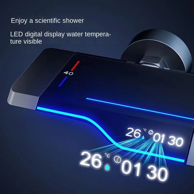 Luxury Wall Mounted Smart Button Digital Display Shower Set Thermostat System Glass Countertop Bathroom Brass Rain Shower Set