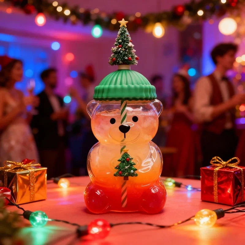 2025New On Sale Bear Shape Plastic Or Glass Cup With Straw Coffee Mug Cute Cartoon Creative Glass Juice Cup Tea Cup Drinkware