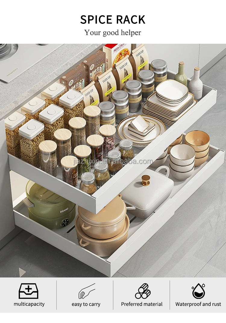 Household Metal White Adjustable Pull Out Kitchen Cabinets Mesa Slide Spice Rack Tableware Storage Drawers Organization Basket