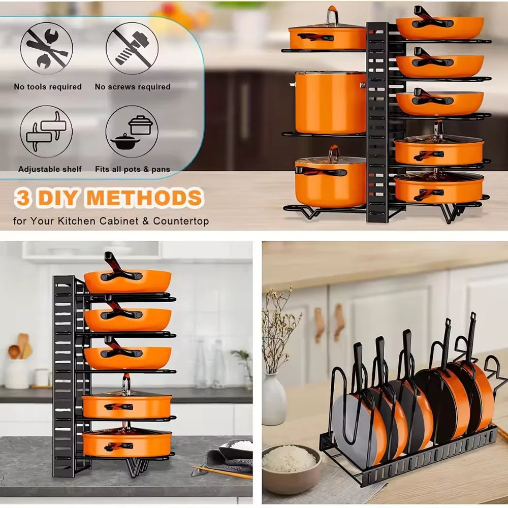 5/8-Tier Adjustable Pot Rack Organizer - Vertical Space-Saving Countertop Storage for Pans Multi-functional Kitchen Shelf