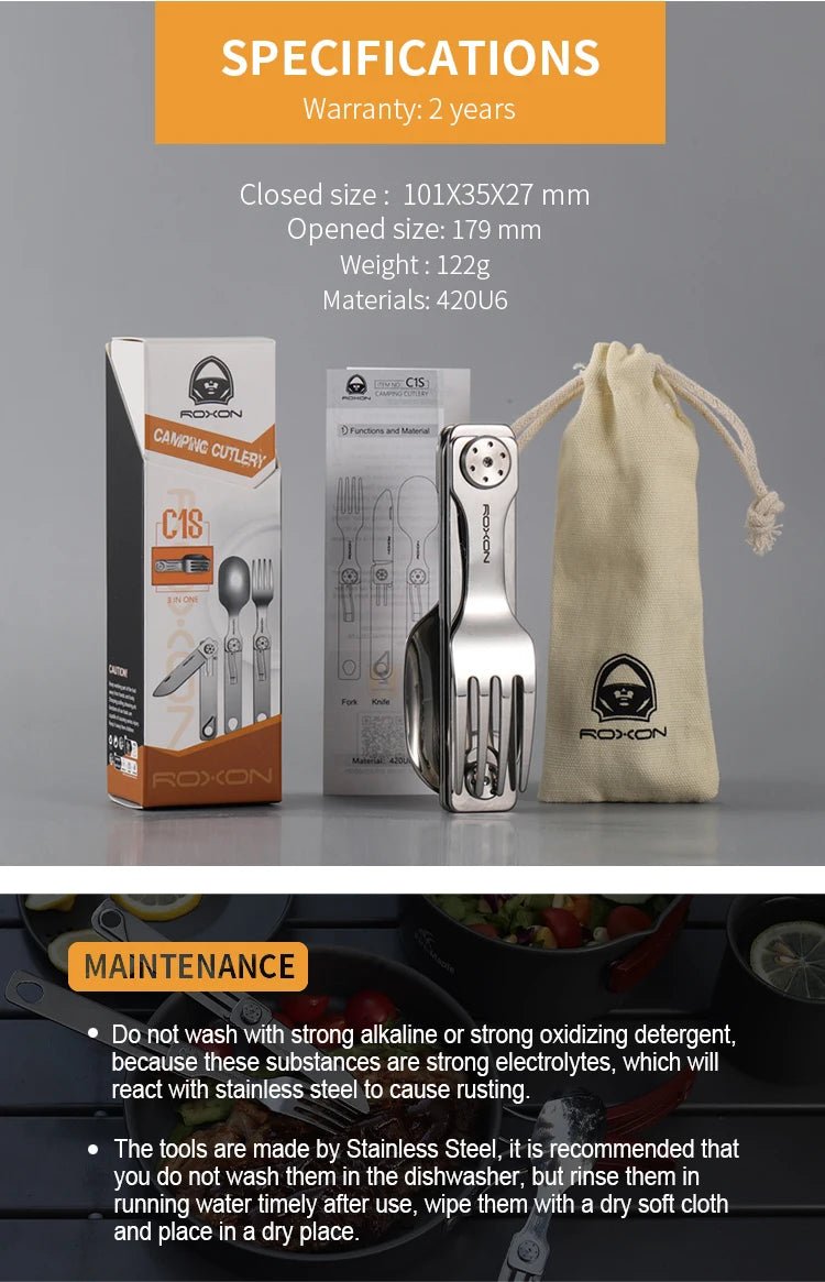 ROXON 3 IN 1 Camping Cutlery Set Knife Fork Spoon Stainless Steel Portable and Detachable
