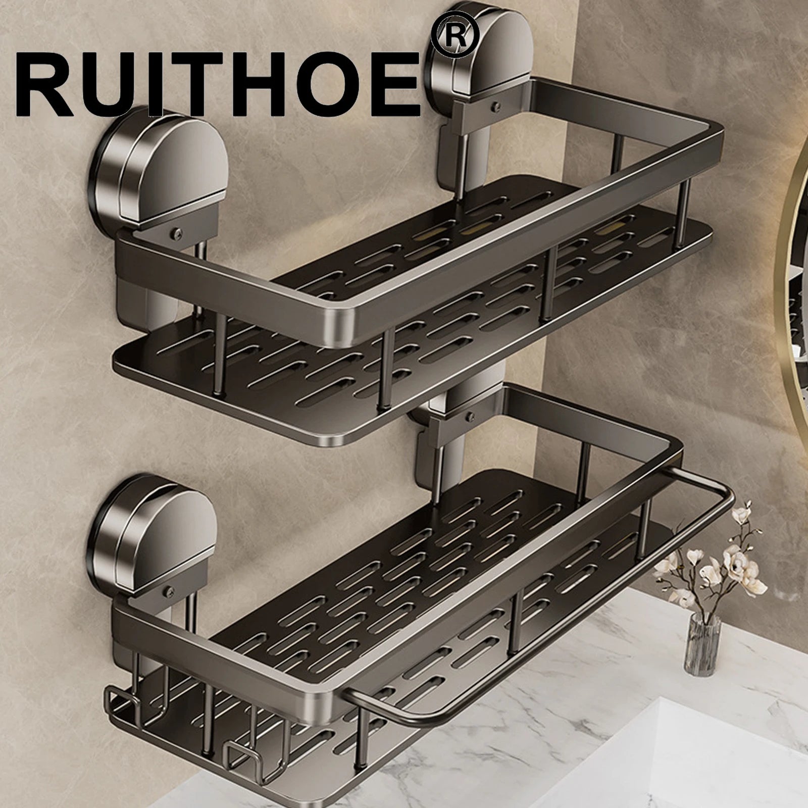 Bathroom Suction Cup Storage Rack Without Drilling Kitchen Toilet Shower Room Shampoo Holder Wall Mount Organizer Bathroom Shelf