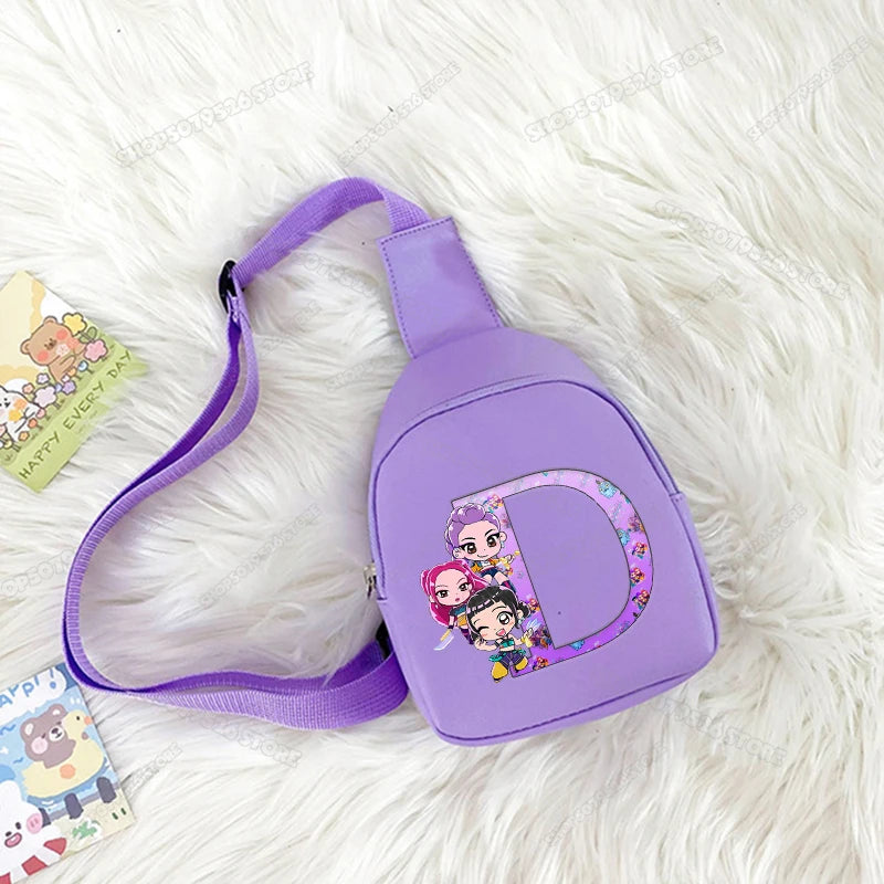 Kpop Demon Hunters Girl Crossbody Bags Letter A-Z Kids Shoulder Chest Bag Cartoon Phone Messenger Bags Birthday Christmas Gift