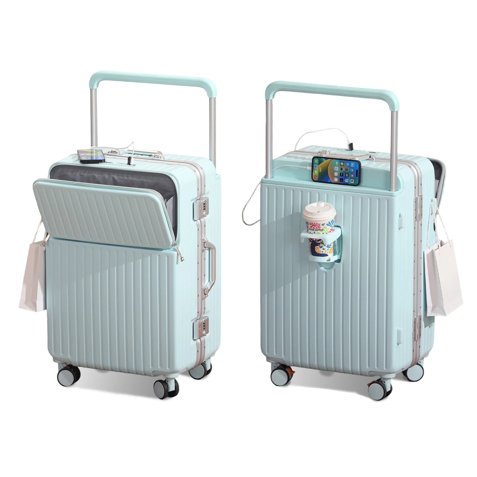 AIWEINY Luggage Aluminum Frame Hard Shell Trolley Case, TSA Lock, with Cup Holder and Phone Holder, USB, 20“-26”