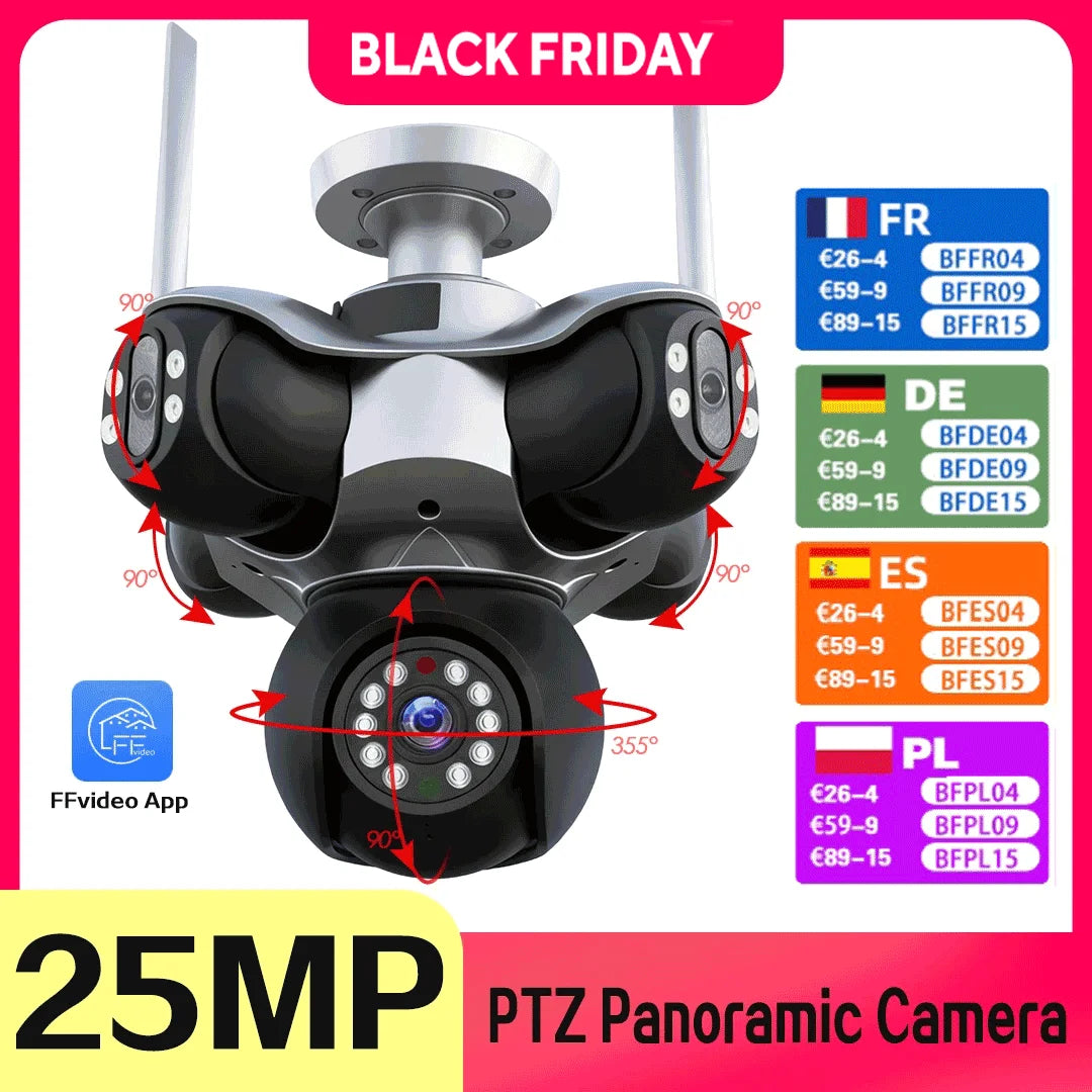 25MP 4K Wifi Panoramic Security Camera Outdoor 5 Lens 5 Screens Auto Tracking Wireless PTZ CCTV Video Surveillance Camera