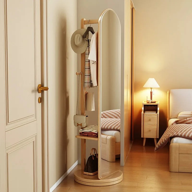 Solid wood full-body mirror floor mirror bedroom home rotatable full-length mirror hanging hanger integrated