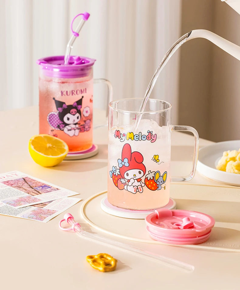 For Sanrio Collaboration Straw Glass Cup Transparent Coffee Mug Cartoon Print Water Cup with Scale＆Handle Home/Office Drinkware