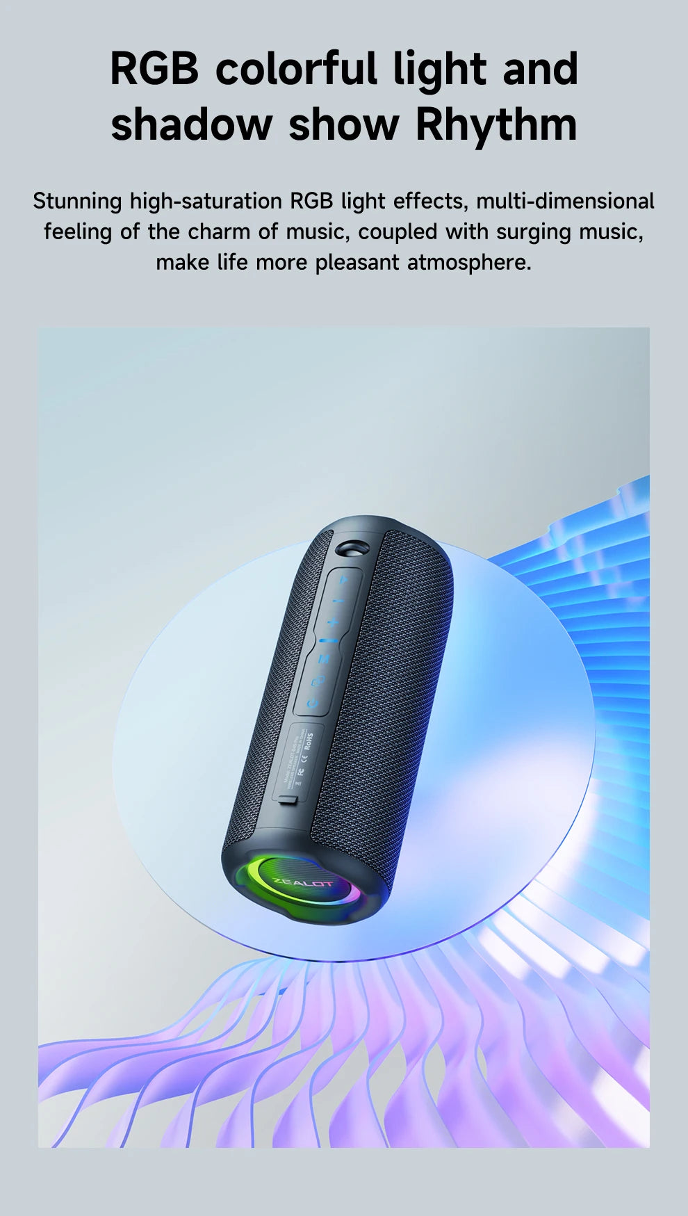 ZEALOT-S49PRO Portable Bluetooth Speaker 20W IPX6 Waterproof,Micro SD Card,AUX-in Plug,10H Playtime,RGB Light  Wireless Stereo