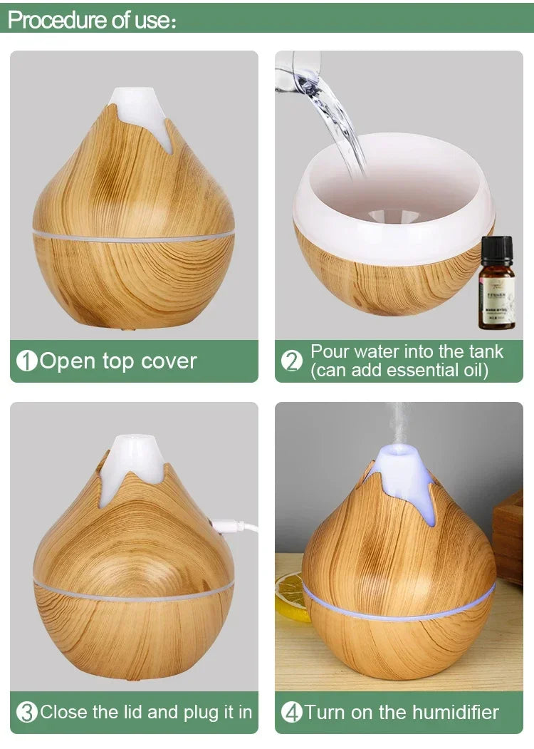 350ML Aromatherapy Essential Oil Diffuser Wood Grain Remote Control Ultrasonic Air Humidifier Cool with 7 Color LED Light