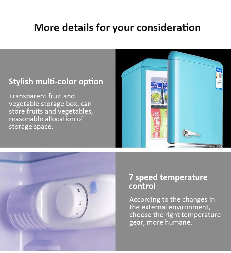 Double Door Refrigeration Freezing Mini Small Medium Silent Energy-saving Retro Refrigerators with Handle for Office Home Hotel