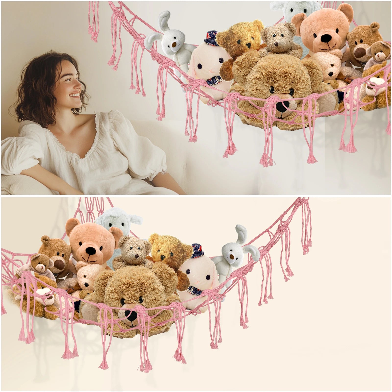 Plush Toy Hammock Large Capacity Stuffed Animals Organizer Net Macrame Tassels Boho Home Wall Decoration Hanging Basket