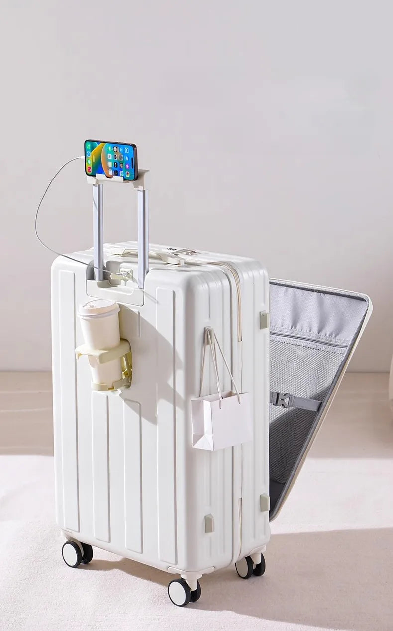 Multifunction Large Capacity Luggage Business Carry on Boarding USB Charging Cup Holder Front Opening Lid Trolley Suitcase