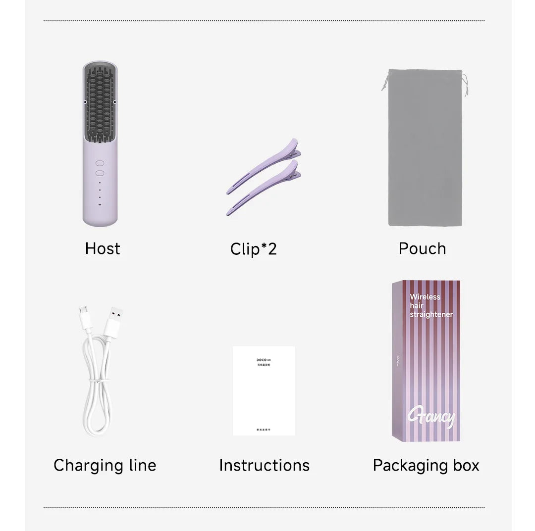 DOCOLAB Cordless 2-in-1 Straight Hair Comb & Curler Negative Ion USB Charging 30s Heat Up Travel-Friendly Styling Brush
