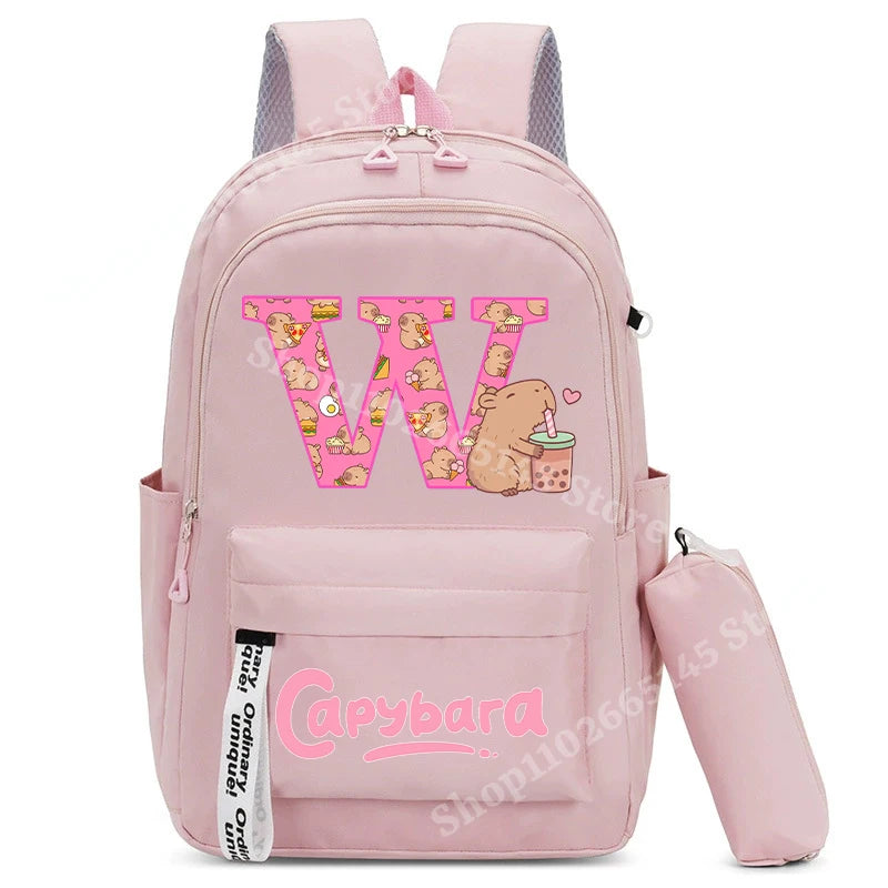Cute Capibara Kids Backpack with Pencil Case Capybara Kawaii Girls School Bag Stationery Pouch Children Letter A-Z Rucksack Gift