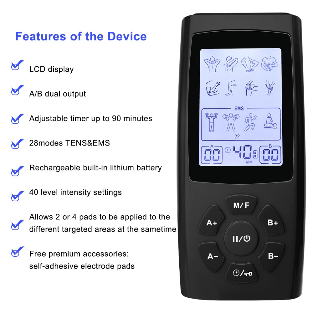 Tens Electroestimulador Pulse Acupuncture Massager 40 Levels EMS Muscle Stimulators Relaxation Medical Pain Relief with 10 Pads