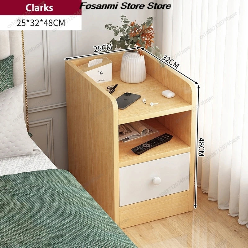 Minimalist Ultra Slim Nightstand Modern Narrow Bedside Table with Open Shelf and Drawers Space Saving Storage for Small Bedroom