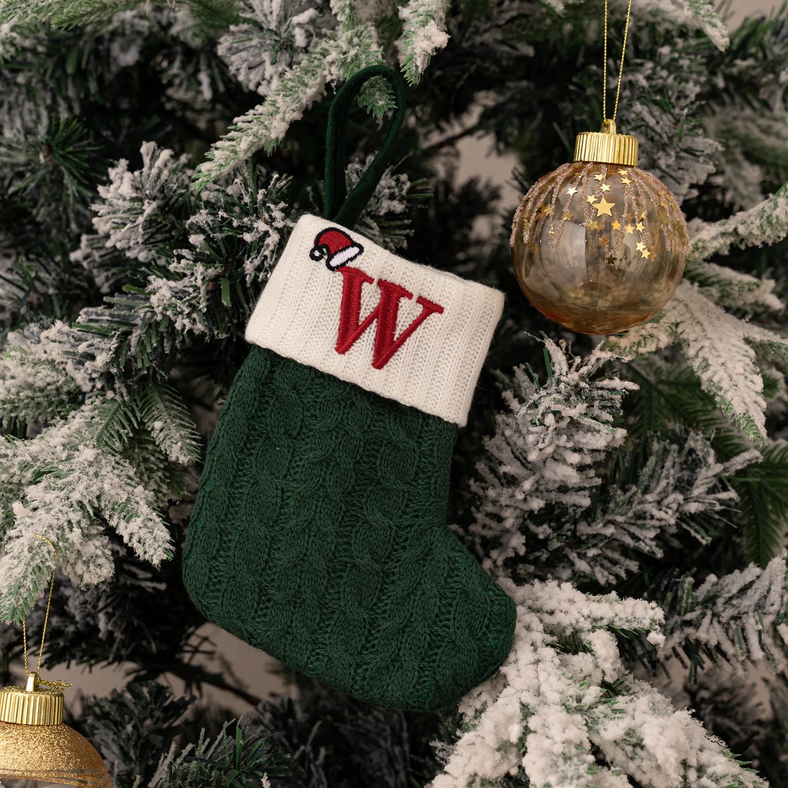 Green A-Z Letter Hanging Christmas Stockings Monogram Knitted Socks Fireplace Christmas Tree Hanging Party Decoration