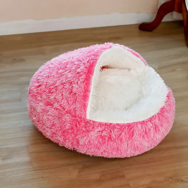 Snooze Cat Bed Round Plush Fluffy Hooded Cozy Cat Bed Cave for Indoor Donut Self Warming Small Dog Bed Anti-anxiety for Winter