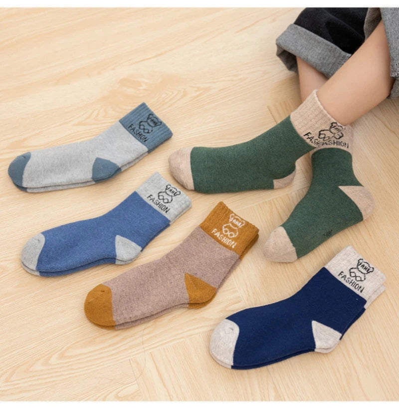 5 Pairs /bag Winter Children Socks Warm Autumn And Winter Plush Thicken Toddler Boys Girls Cotton Middle Tube Sock For 2-14 Year
