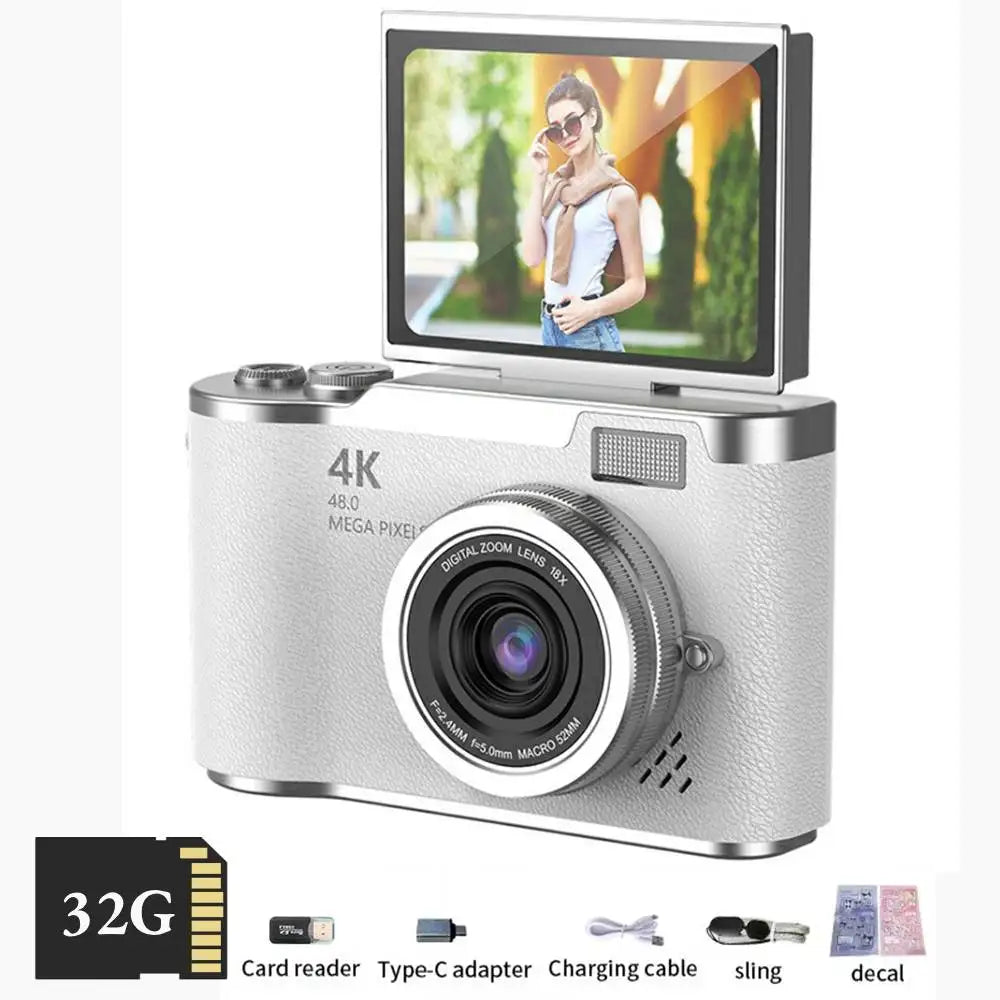 4K Digital Camera CCD 180° Flip Screen Selfie Camera 8X Digital Zoom 48MP Portable Digital Photography Camera with 32G Card