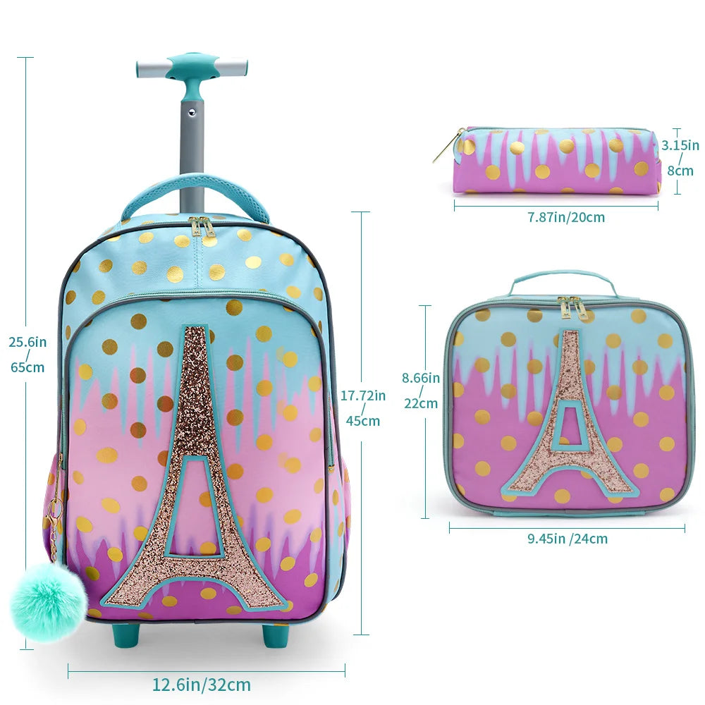 3PCS Rolling Backpack for Girls Kids  Wheeled School BookBag With Lunch And Pen Bag  Iron tower Pink  Glow-in-the-dark Function