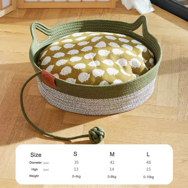 Japanese Pet Cat Bed Round Hand Woven Rattan Cat Beds Summer Cooling Kitten Basket Cotton Rope Cat Scratching Baskets